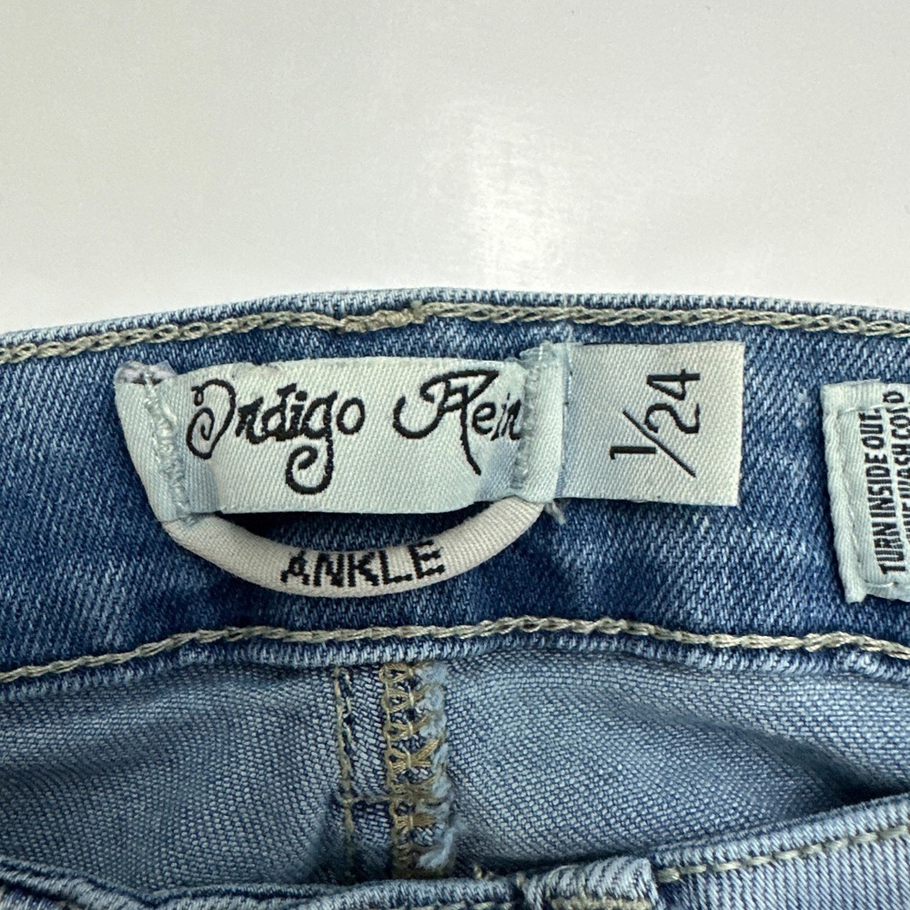 Indigo Rein Ankle Jeans Womens 1/24 Blue Embroidered Raw Hem Skinny Denim - Picture 4 of 6